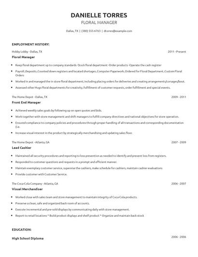 Floral Manager Resume