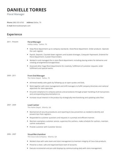 Floral Manager Resume