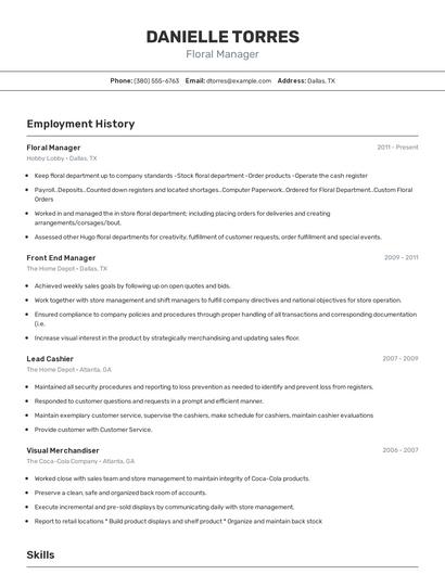 Floral Manager Resume