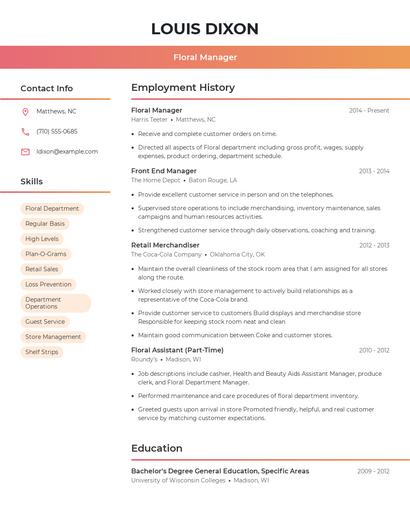 Floral Manager Resume