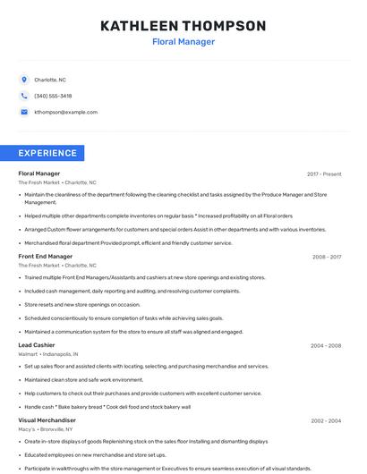 Floral Manager Resume