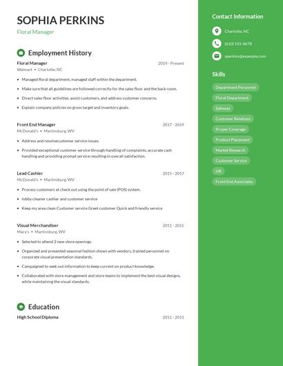 Floral Manager Resume