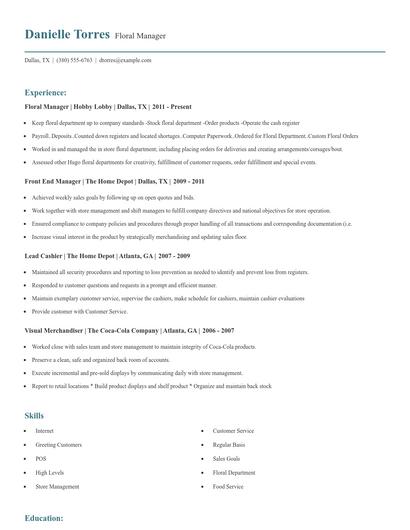 Floral Manager Resume