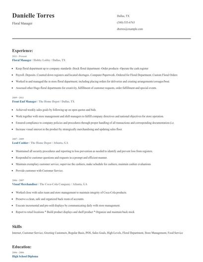 Floral Manager Resume
