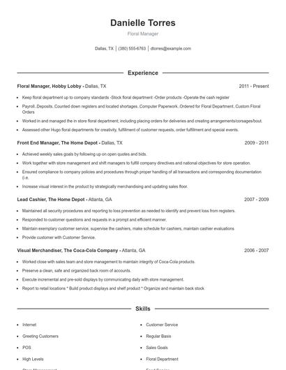 Floral Manager Resume