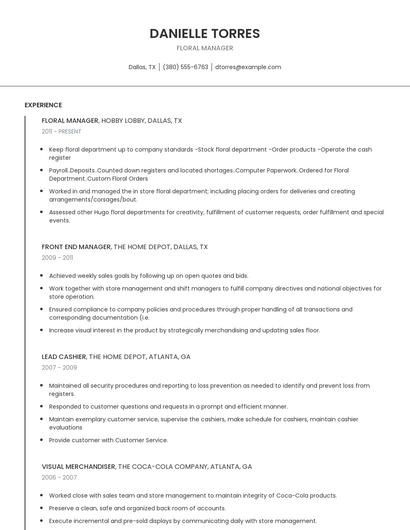 Floral Manager Resume
