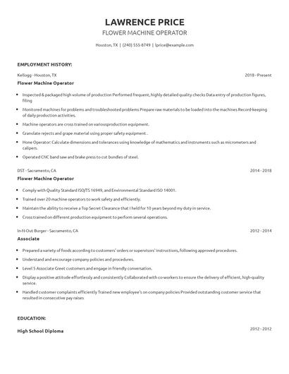 Flower Machine Operator Resume