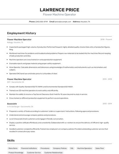 Flower Machine Operator Resume