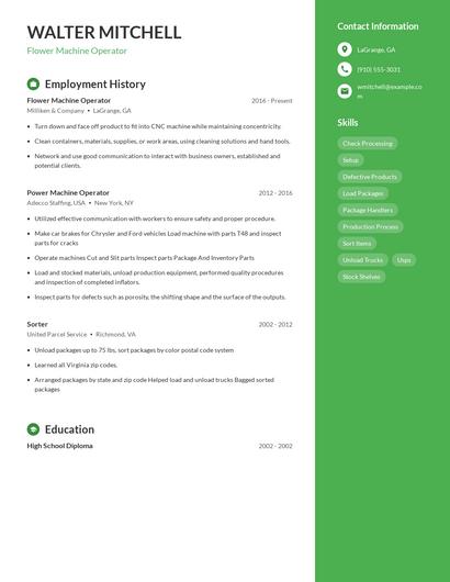 Flower Machine Operator Resume