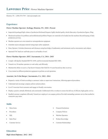 Flower Machine Operator Resume