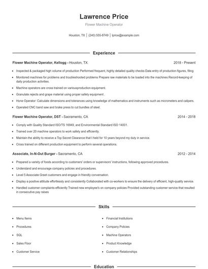 Flower Machine Operator Resume