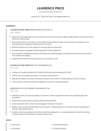 Flower Machine Operator Resume