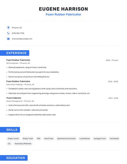 Foam Rubber Fabricator Resume
