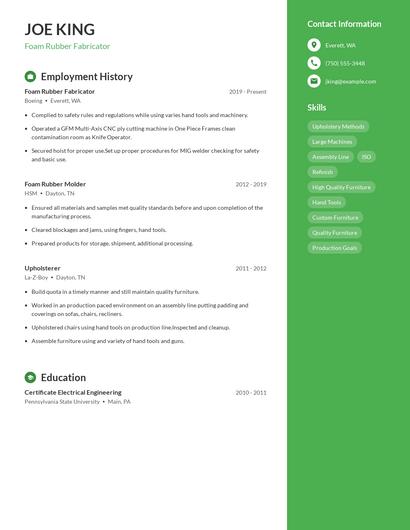 Foam Rubber Fabricator Resume