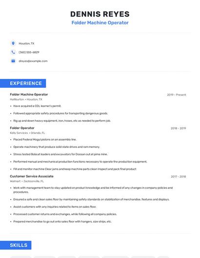 Folder Machine Operator Resume