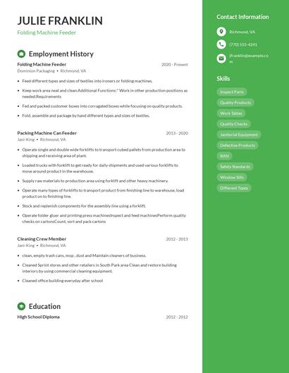 Folding Machine Feeder Resume