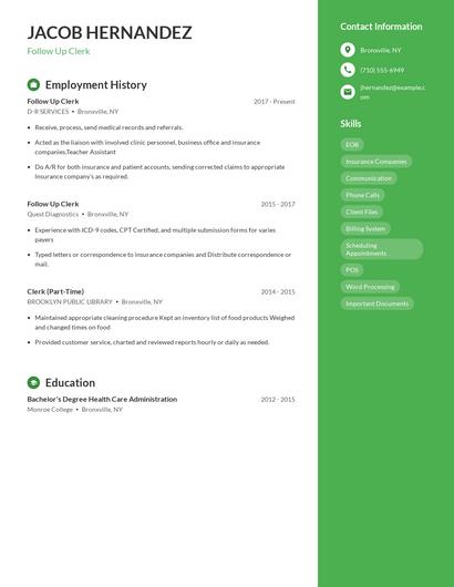 Follow Up Clerk Resume