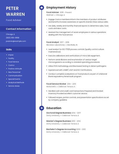 Food Adviser Resume