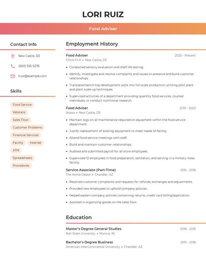 Food Adviser Resume
