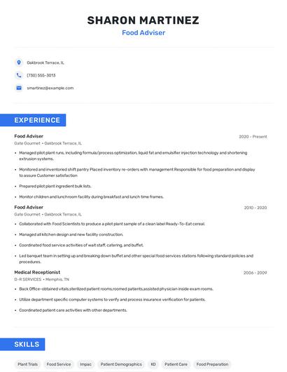 Food Adviser Resume