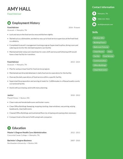 Food Adviser Resume