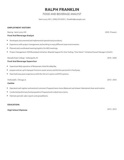 Food And Beverage Analyst Resume