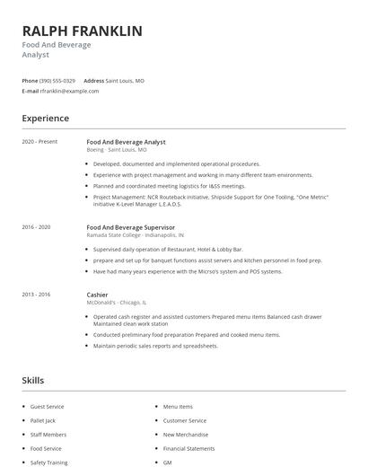 Food And Beverage Analyst Resume