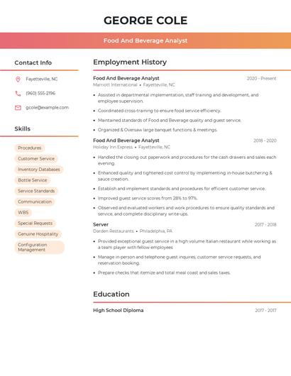 Food And Beverage Analyst Resume
