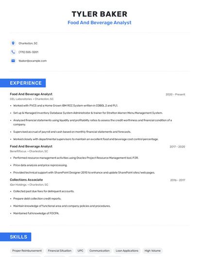 Food And Beverage Analyst Resume