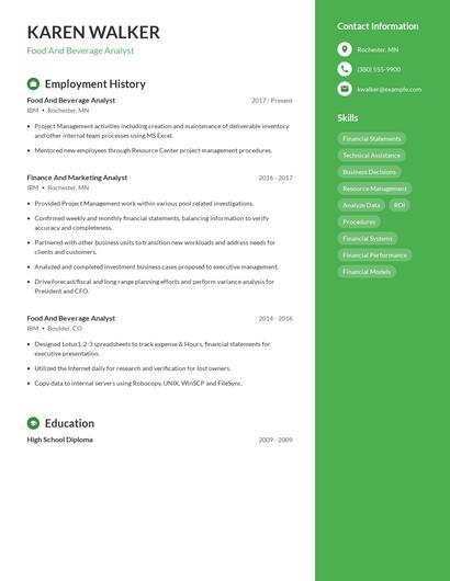 Food And Beverage Analyst Resume