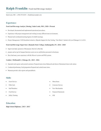 Food And Beverage Analyst Resume