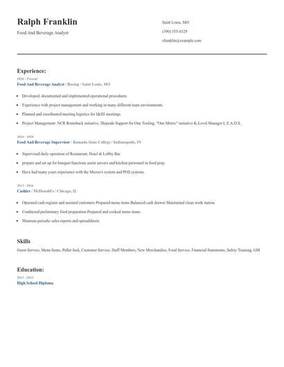Food And Beverage Analyst Resume