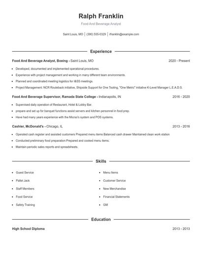 Food And Beverage Analyst Resume