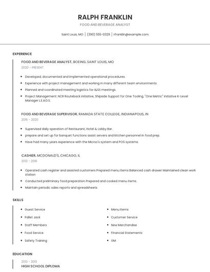 Food And Beverage Analyst Resume