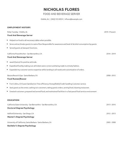 Food And Beverage Server Resume