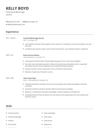 Food And Beverage Server Resume