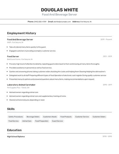 Food And Beverage Server Resume
