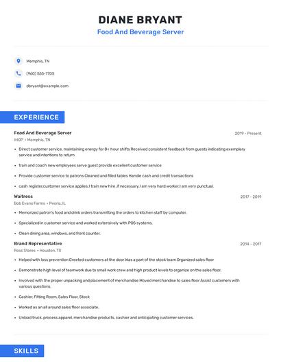 Food And Beverage Server Resume