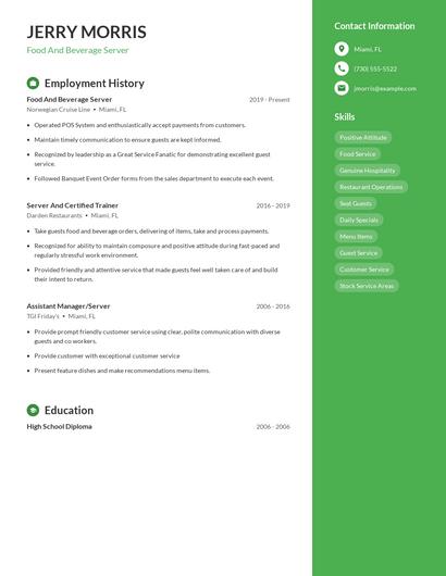 Food And Beverage Server Resume