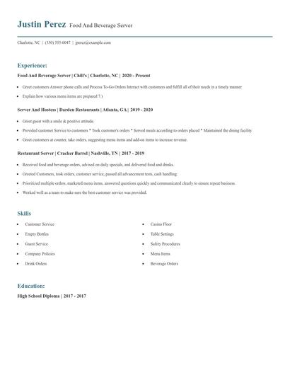 Food And Beverage Server Resume