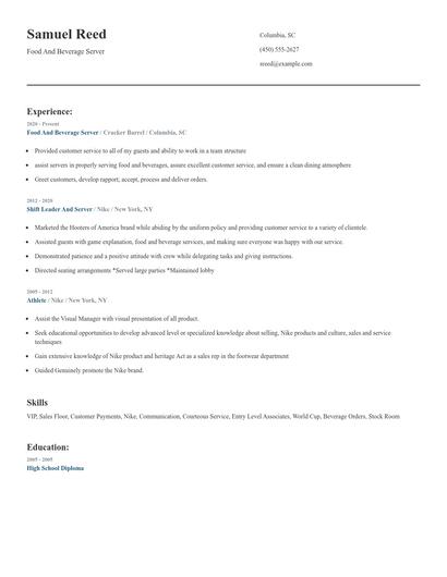 Food And Beverage Server Resume