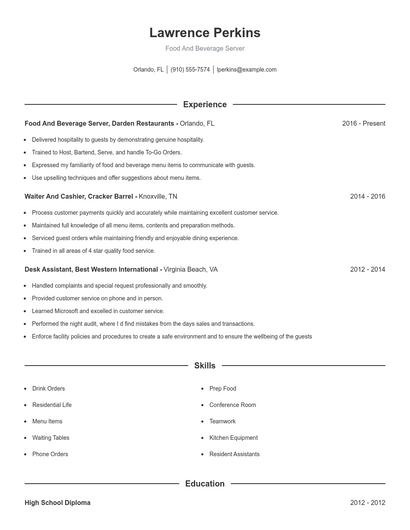 Food And Beverage Server Resume