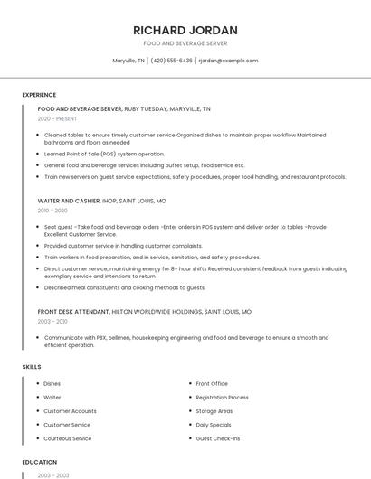 Food And Beverage Server Resume