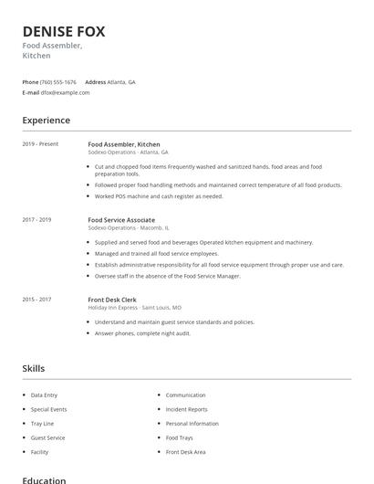 Food Assembler, Kitchen Resume