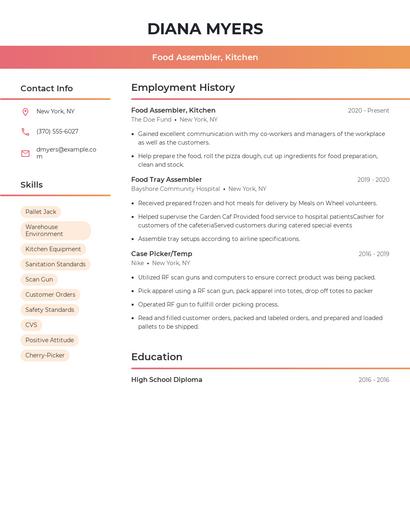 Food Assembler, Kitchen Resume
