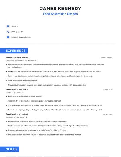 Food Assembler, Kitchen Resume
