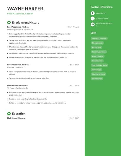 Food Assembler, Kitchen Resume