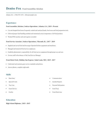 Food Assembler, Kitchen Resume