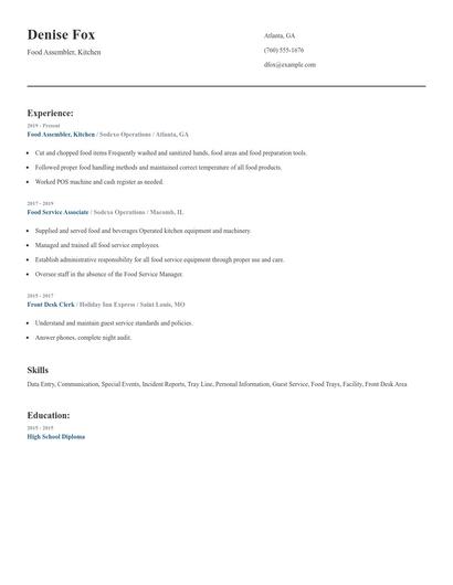 Food Assembler, Kitchen Resume