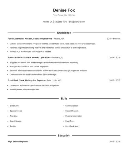 Food Assembler, Kitchen Resume
